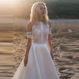 Boho Satin Off The Shoulder Wedding Dresses Princess O-Neck A-Line Lace Appliques Illusion Back With Button Bridal Gowns
