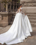 Elegant Satin Wedding Dresses Long Sleeve Lace Bride Gown Illusion Back Wedding Gown Covered Back Vestido de novia 2023