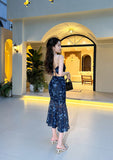 French holiday floral sling dress blue mesh mermaid dress HZ1108