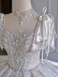 New Luxury Satin Wedding Dress Boat Neck With Pearl Lace Up Bridal Short Sleeve Glittery Flower Vestido De Noiva Ball Gown