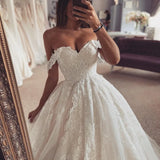 Elegant A-Line Wedding Dresses Appliques Off The Shoulder Bridal Gowns Boho Beach Lace Tulle Wedding Prom Gowns Custom Size