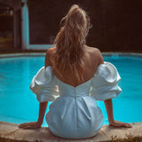 Simple Strapless Short Wedding Dress For women 2023 Detachable Puff Sleeves Backless A-Line Satin Vintage Bridal Gown
