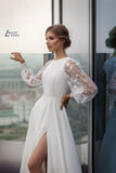 NICEB Modern Satin Wedding Dress with Illusion Long Sleeves O-neck Dubai Sexy Side Slit Bridal Gowns vestido de novia