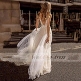 A-Line Tulle Boho Wedding Dress Sleeveless V Neck Backless Applique Bridal Dress 2023 Robe De Mariée Ladies Elegance