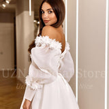 Elegant A-Line Wedding Dresses White Puff Sleeve Appliques Bridal Gowns Boho Beach Tulle Evening Wedding Gowns Custom Size