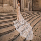 Appliques Cathedral Train Mermaid Wedding Dresses 2023 V-Neck Button Back Tulle Bridal Gown Gorgeous Свадебное Nлатье