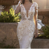 Luxury Lace Appliques Sequins Mermaid Wedding Dress V-Neck Long Sleeve Backles Sweep Train Bride Gown Vestidos De Noiva