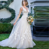 NICEB Elegant Wedding Dresses Lace Open Back A-Line Appliques Bridal Gowns Sleeveless V-Neck Vestido De Fiesta De Boda