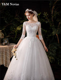 Sweetheart Three Quarter Elegant Wedding Dress With Sleeve Long Lace Embroidery Train Bridal Gown Plus Size Vestido De Noiva