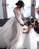 Detachable 2 In 1 Mermaid Wedding Dress Heavy Industry Embroidery Lace Bead 0-neck Full Sleeve Gown Robe De Mariee