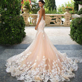 Luxury Elegant Mermaid Wedding Dress For Bride Princess Backless Lace Applique Bridal Gown 2023 Illusion Vestido De Novia