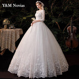 Sweetheart Three Quarter Elegant Wedding Dress With Sleeve Long Lace Embroidery Train Bridal Gown Plus Size Vestido De Noiva