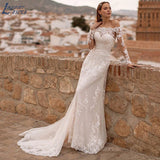 NICEB Boat Neck Appliques Wedding Dress For Women Buttons Lace Vestidos De Noiva Mariage Boho Long Sleeves Bridal Gown