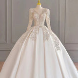 New Satin Wedding Dresses Full Sleeve V-neck Sweep Train Lace Up Ball Gown Wedding Dresses Sexy Backless Vestido De Noiva