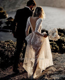 V- Neck Sequins Wedding Dresses Long Sleeves Floor Length Backless Bridal Gowns Robe De Marié