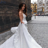 V-Neck Lace Sleeveless Wedding Gowns Sexy Spaghetti Straps Appliques Backless Bride Dress For Bridal Vestido De Novia 2023