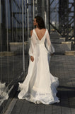 V-Neck Beach Wedding Dress Lace Appliqued Hight Split Long Sleeves Satin Chiffon Bridal Gown Robe De Mariee