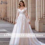 NICEB Vintage Long Sleeve Wedding Dress Lace Appliques Robe De Mariée Illusion Back With Button Custom Made Sweep Train