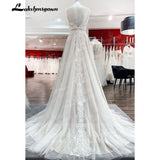 A Line Boho Wedding Dress Spaghetti Straps Lace Tulle V Neck Sleeveless Open Back Vestidos de Fiesta