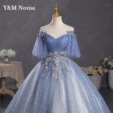 New Gray Blue Quinceanera Dresses Plus Size Ball Gowns With Sleeves Puffy Dresses For Prom Sweet 16 Dress Vestido De 15anos