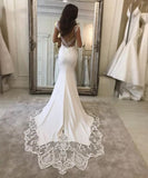 Appliques Deep V-Neck Mermaid Wedding Dresses 2023 Charming Cap Sleeve Long Sweep Train Backless Formal Satin Bridal Gown