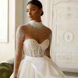 Luxurious 2023 A-Line Wedding Dresses White Long Sleeve Pearls Tulle Bridal Gowns Boho Beach Evening Wedding Gowns Plus Size