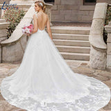 NICEB Sleeveless Appliques Wedding Dress With Detachable Tulle Train O-neck Lace vestido noiva boho For Bride Custom Made