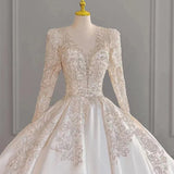 New Satin Wedding Dresses Full Sleeve V-neck Sweep Train Lace Up Ball Gown Wedding Dresses Sexy Backless Vestido De Noiva