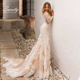 Mermaid Wedding Dresses Embroidered Lace On Net Bridal Gown Boat Neck Full Sleeve Back Button Appliques Vestido De Novia