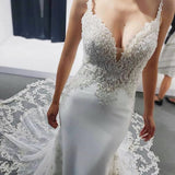 Beads Mermaid Wedding Dress V-Neck 2023 Sexy Spaghetti Straps Bride Dress Backles Tulle Long Train Vestido De Novia
