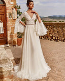 Long Sleeve Lace Wedding Dress 2023 A-Line Boho Chiffon V-Neck Bride Gown For Women Illlusion Backless Vestido De Novia