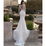Luxury Lace Appliques Sequins Mermaid Wedding Dress V-Neck Long Sleeve Backles Sweep Train Bride Gown Vestidos De Noiva 925