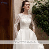 NICEB Wedding Dress With Pockets O-Neck Lace Vestidos De Noiva Mariage Satin Sweep Train Wedding Gowns For Bridal Elegant