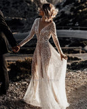 V- Neck Sequins Wedding Dresses Long Sleeves Floor Length Backless Bridal Gowns Robe De Marié