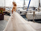 Applique 3D Flowers Backless Wedding Dresses Off the Shoulder V-neck Straps Court Train Tulle Bridal Gowns