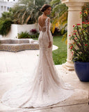Lace Appliqué Mermaid Wedding Dresses For Women Long Sleeve V-Neck Sexy Open Back Sweep Train Bridal Gown Vestidos De Noiva