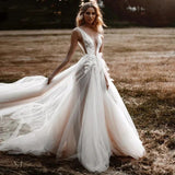 Lace Tulle Illusion Wedding Dress For Bride V-Neck Chic Bridal Party Gown Women Beach Vestidos De Noiva Mariage Custom Made