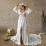 Sweetheart Beach A-Line Wedding Dresses Long Puff Sleeves Side Slit Sweep Train Bridal Gowns Custom Size Robe de
