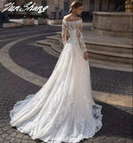 Long Sleeve Wedding Dress A-Line 2023 Boat Neck Lace Appliques Sweep Train Chiffon Long Civil Bridal Gown With Button
