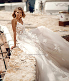 Applique 3D Flowers Backless Wedding Dresses Off the Shoulder V-neck Straps Court Train Tulle Bridal Gowns