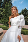 Strapless A-Line Wedding Dresses One Shoulder Long Sleeves Sweep Train Bridal Gowns Vestido De Noiva