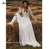 Chiffon V Neck Long Sleeve Bridal Dress Sweep Train Lace Open Back Bohemian Boho Beach Wedding Dress Wedding Gown