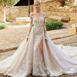 Mermaid Detachable 2 In 1 Wedding Dress Embroidered Lace On Net With O-neck Full Sleeve Vintage Gowns Vestido De Novia