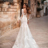Wedding Dress Silky Organza Lace With Mermaid Dresses Nude O-neck Full Sleeve Elegant Wedding Gowns Button Robes De Marié