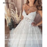 Vintage Champagne Tulle Wedding Dress 2023 A-Line Lace Appliques V Neck Backless Bridal Gown abito da sposa