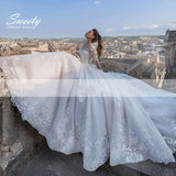Wedding Dress Embroidered Lace On Net With Ball Gown Train O-neck Nude Full Sleeve Bride Gowns Lace Up Robes De Mariée