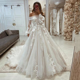 Women's Wedding Dresses Lace Decal Sexy Off Shoulder Long Sleeve Princess Prom Bridal Gown Bohemia Fashion Robe De Mariée