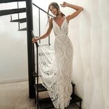Bohemian Spaghetti Straps Sleeveless Beach Wedding Dress For Women 2023 V-Neck Pattern Sexy Beach Illusion Bridal Gown