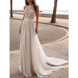 Lace Decal Women's Bridal Dresses High Neck Side Split Pleated Sleeveless Sexy Backless Robe Wedding Gowns Beach Robe De