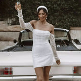 Long Sheer Sleeves Mini Fitted Wedding Dress Corset Boning Glitter Custom Made Ruched Beading Engagement Bridal Gowns